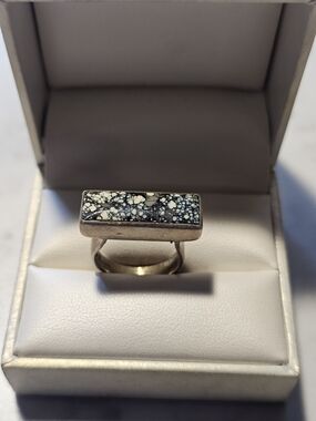 Sterling Silver 925 Rectangular Black and White Stone Ring Ak Mark Size 7¼